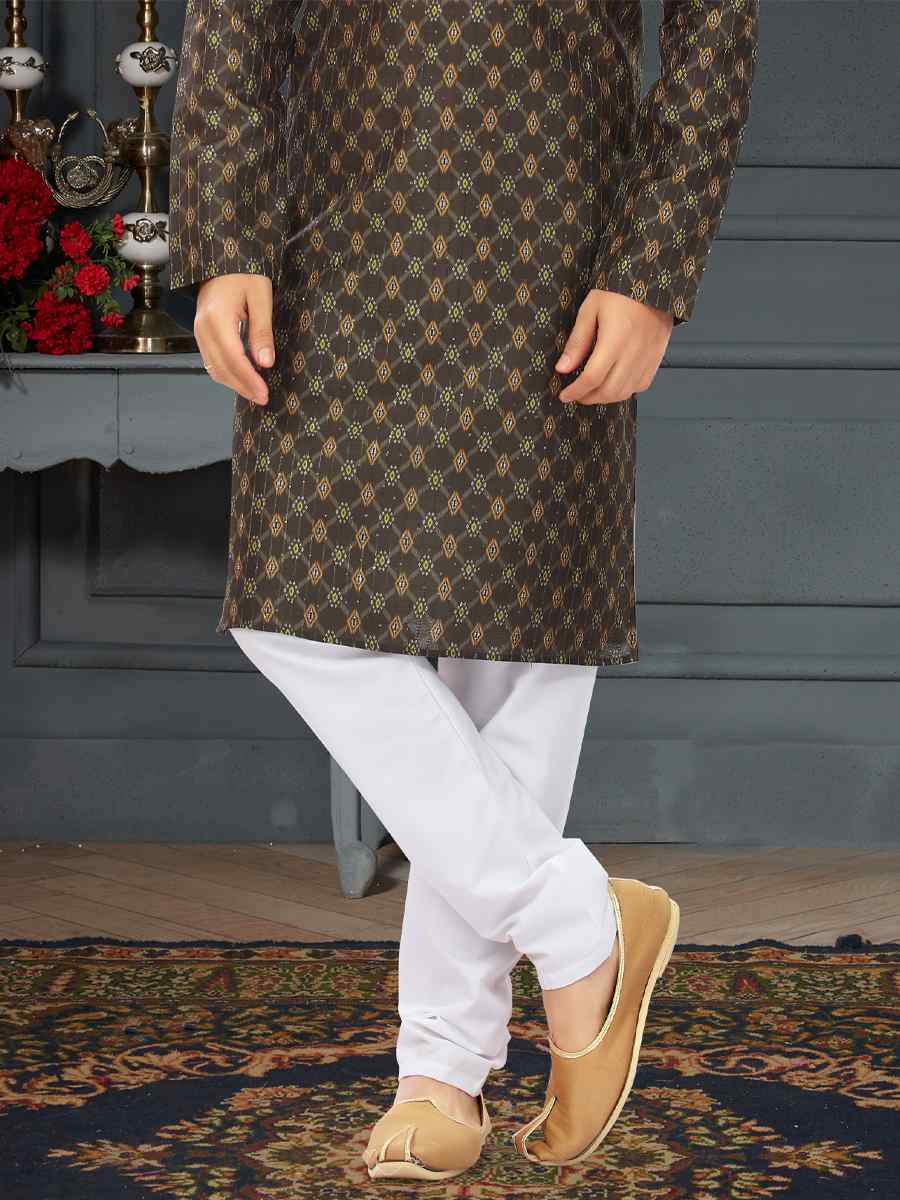 Dark Stone Brown Silk Printed Festival Party Kurta