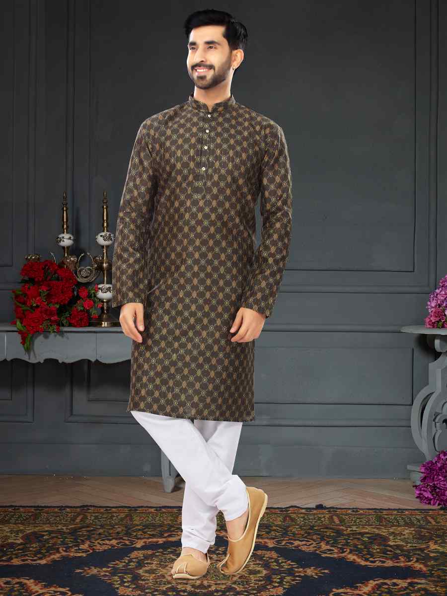 Dark Stone Brown Silk Printed Festival Party Kurta