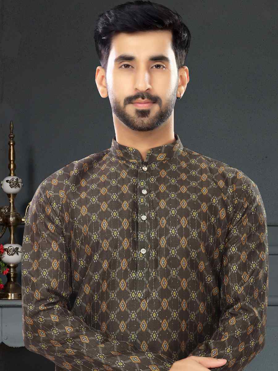 Dark Stone Brown Silk Printed Festival Party Kurta