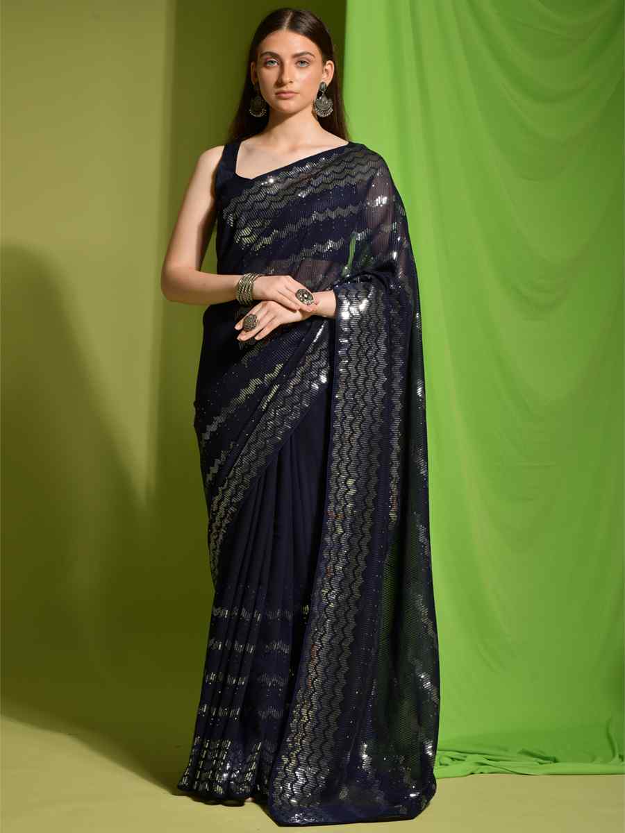 Dark Teal Georgette Sequins Party Festival Classic Style Saree