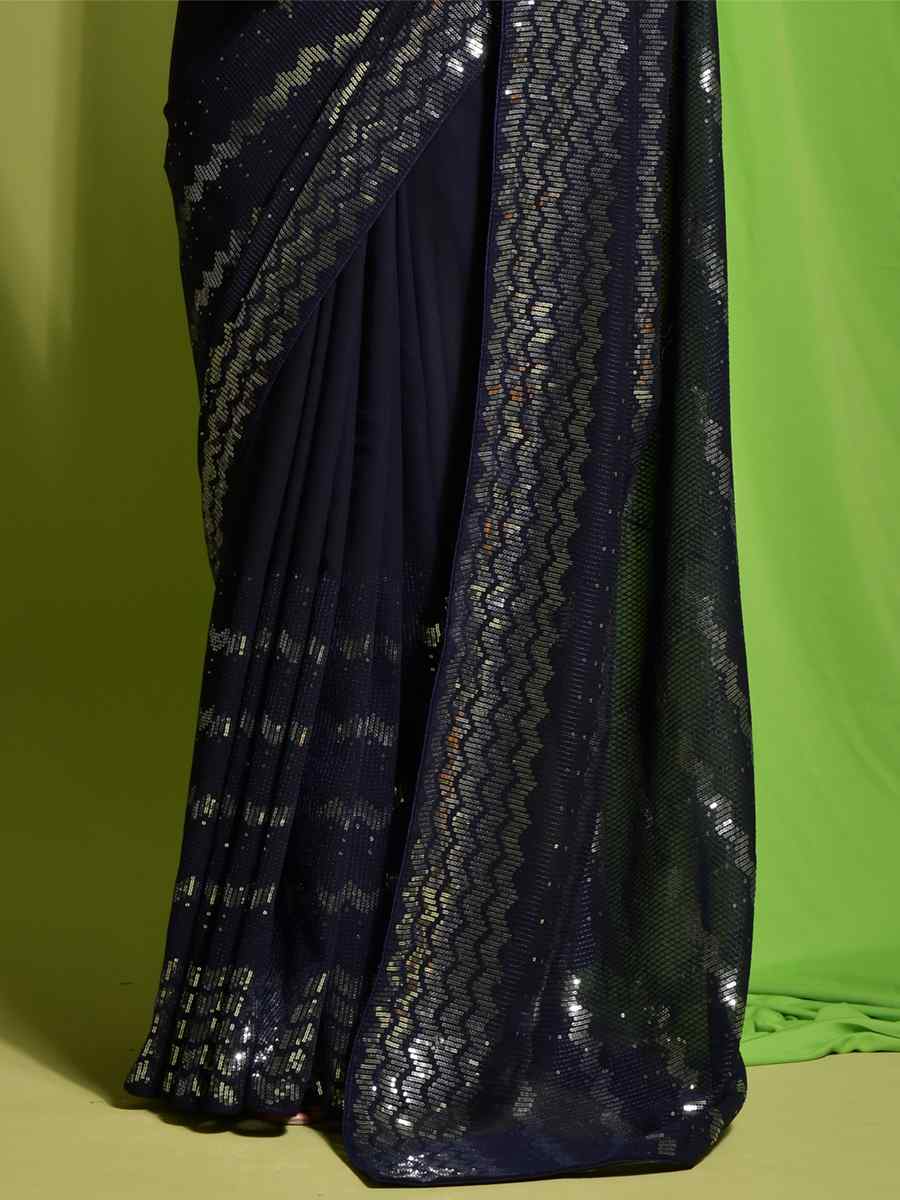 Dark Teal Georgette Sequins Party Festival Classic Style Saree