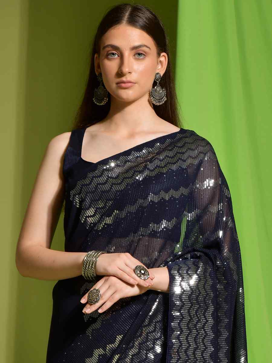 Dark Teal Georgette Sequins Party Festival Classic Style Saree