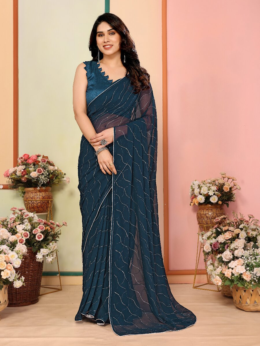 Dark Teal Georgette Traditional Wedding Reception Party Festival Casual Classic Style Sarees