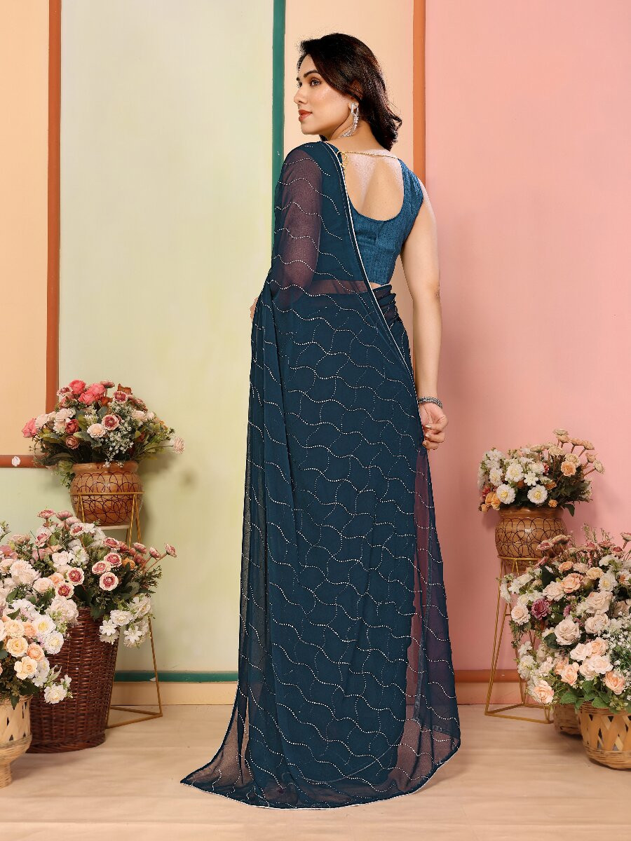 Dark Teal Georgette Traditional Wedding Reception Party Festival Casual Classic Style Sarees