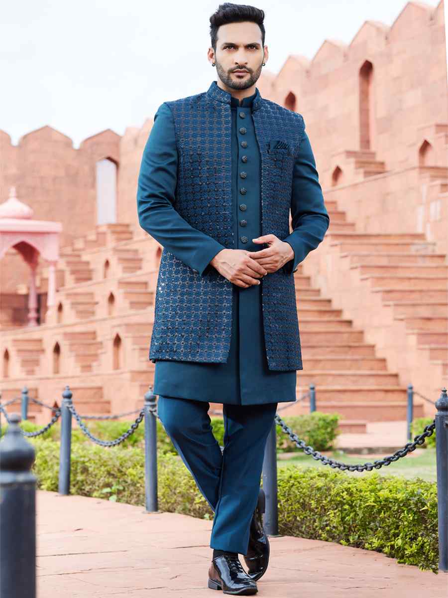 Dark Teal Green Art Silk Embroidered Wedding Party Sherwani