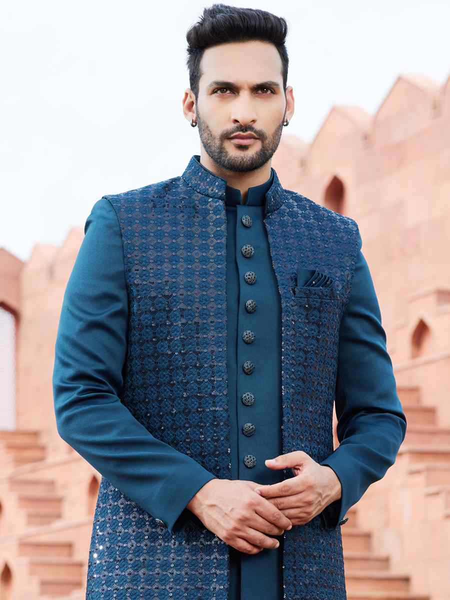 Dark Teal Green Art Silk Embroidered Wedding Party Sherwani