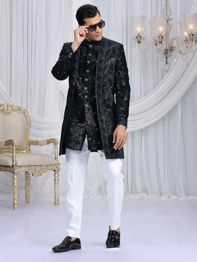 Image of Dark Teal Green Valvet Silk Embroidered Festival Wedding Mens 3 PCS Indo Western Set