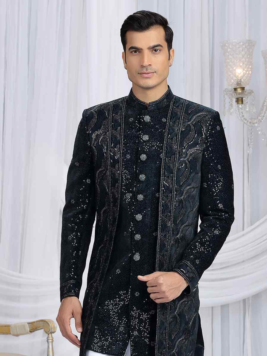 Dark Teal Green Valvet Silk Embroidered Festival Wedding Mens 3 PCS Indo Western Set