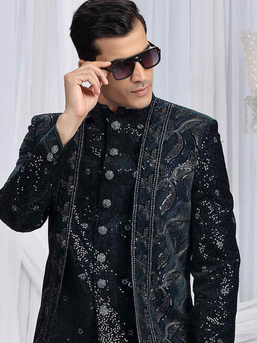 Dark Teal Green Valvet Silk Embroidered Festival Wedding Mens 3 PCS Indo Western Set