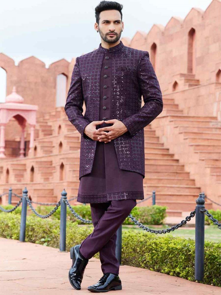 Dark Wine Art Silk Embroidered Wedding Party Sherwani