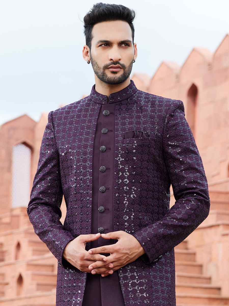 Dark Wine Art Silk Embroidered Wedding Party Sherwani