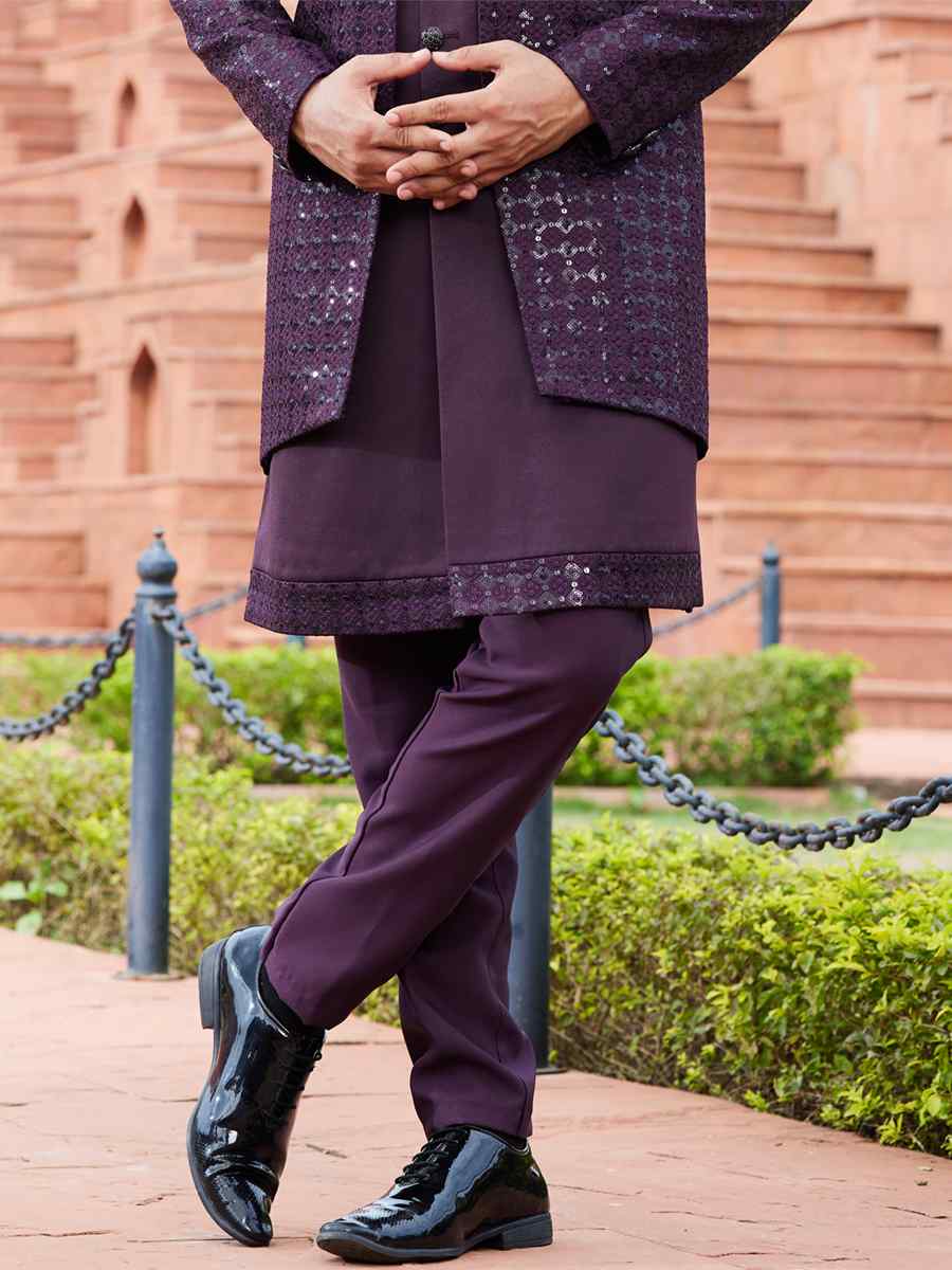 Dark Wine Art Silk Embroidered Wedding Party Sherwani