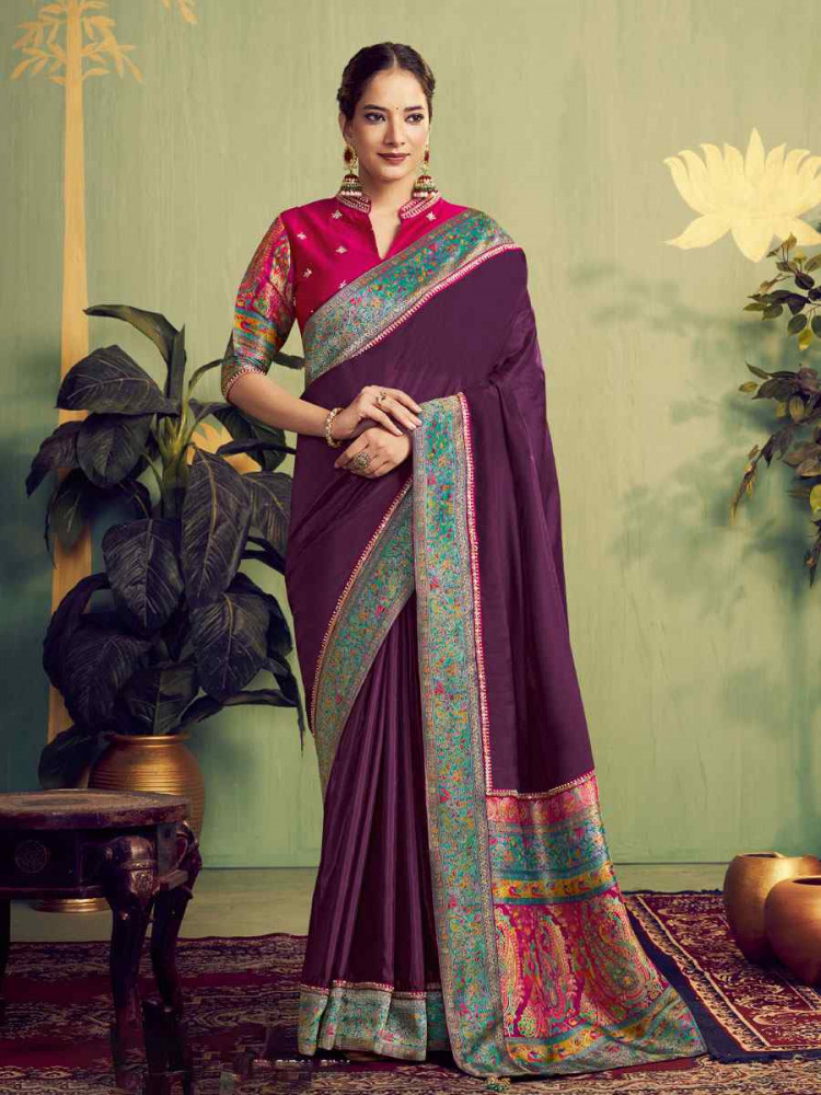 Image of Dark Wine Banarasi Rangkat Natural Silk Embroidery Bridal Reception Party Festival Wedding Fancy Heavy Border Sarees