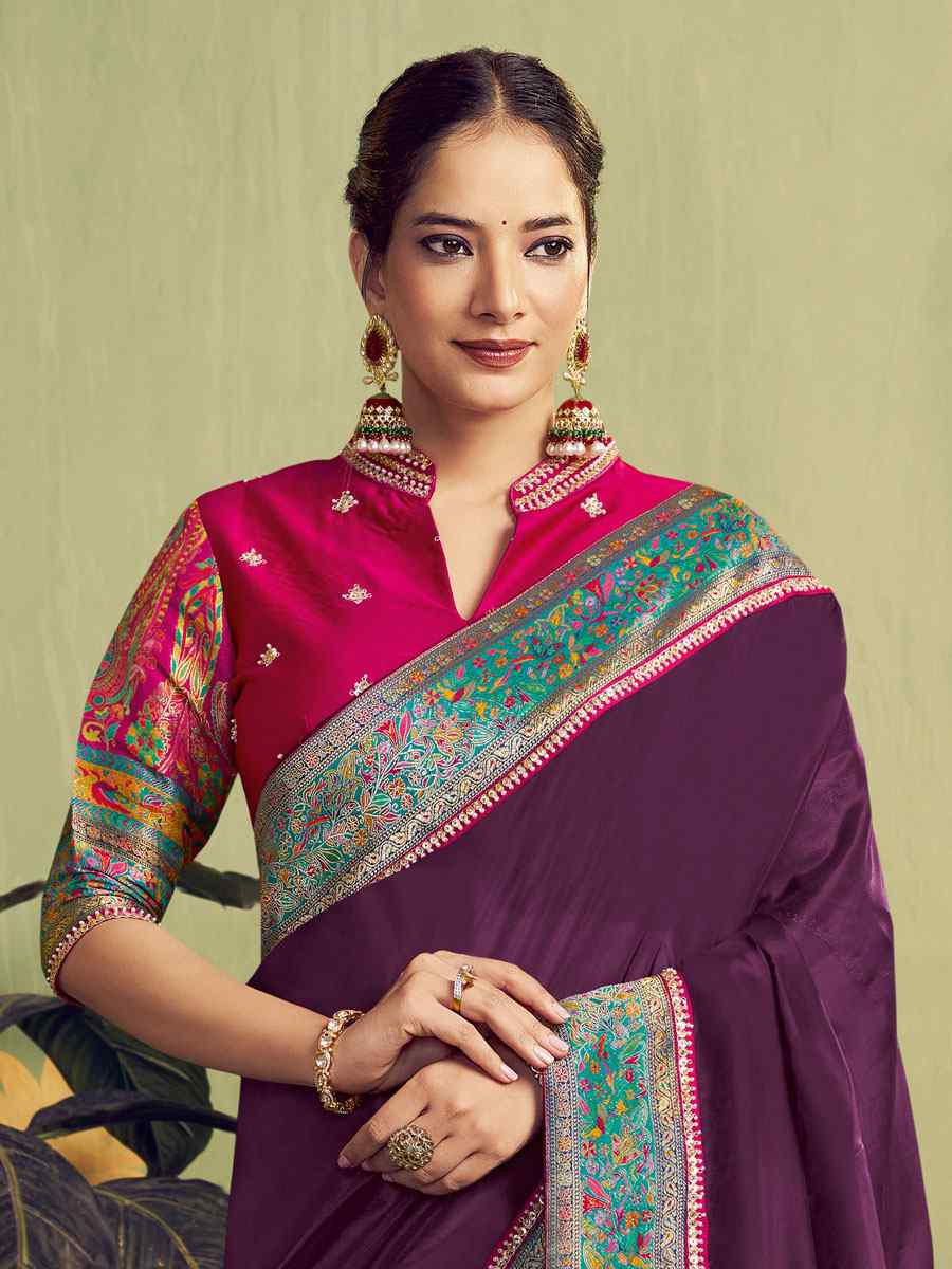 Dark Wine Banarasi Rangkat Natural Silk Embroidery Bridal Reception Party Festival Wedding Fancy Heavy Border Sarees