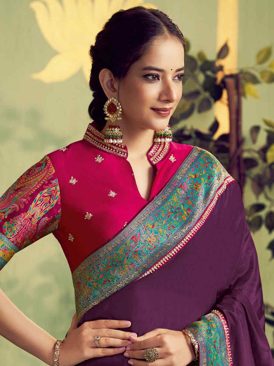 Dark Wine Banarasi Rangkat Natural Silk Embroidery Bridal Reception Party Festival Wedding Fancy Heavy Border Sarees