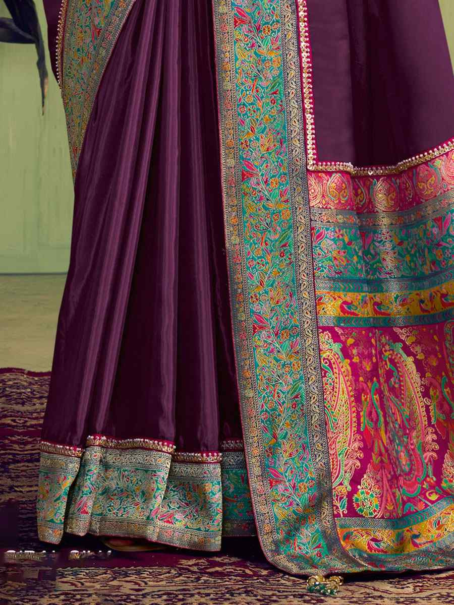 Dark Wine Banarasi Rangkat Natural Silk Embroidery Bridal Reception Party Festival Wedding Fancy Heavy Border Sarees