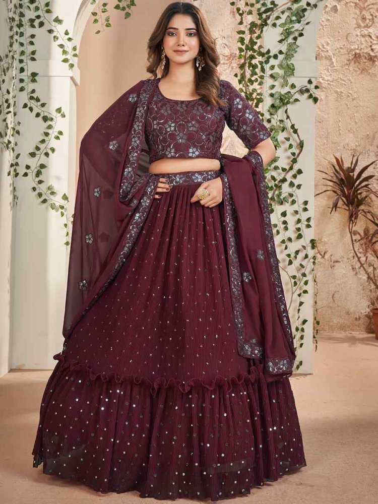 Dark Wine Faux Georgette Embroidered Festival Wedding Circular Lehenga Choli