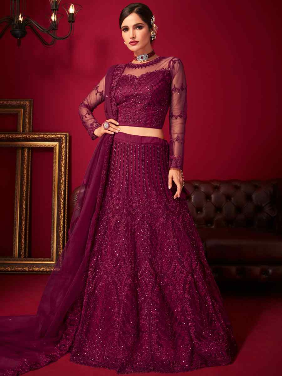 Dark Wine Net Embroidered Bridal Reception Heavy Border Lehenga Choli