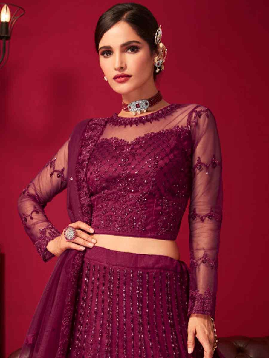 Dark Wine Net Embroidered Bridal Reception Heavy Border Lehenga Choli