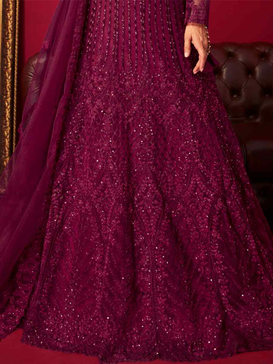 Dark Wine Net Embroidered Bridal Reception Heavy Border Lehenga Choli