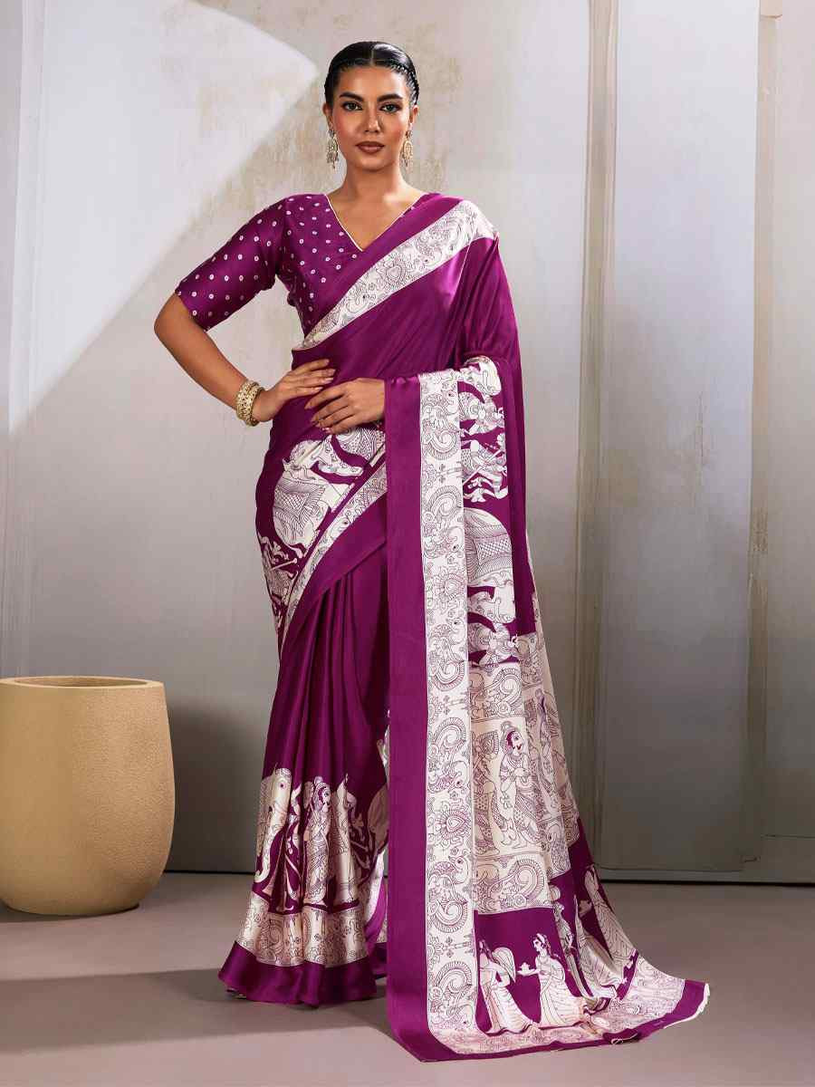 Dark Wine Satin Silk Printed Traditional Casual Reception Festival Wedding Fancy Heavy Border Saree
