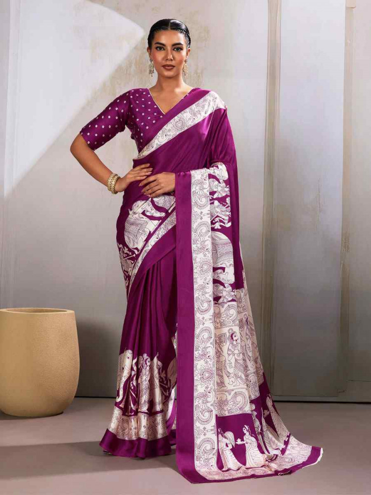 Image of Dark Wine Satin Silk Printed Traditional Casual Reception Festival Wedding Fancy Heavy Border Saree