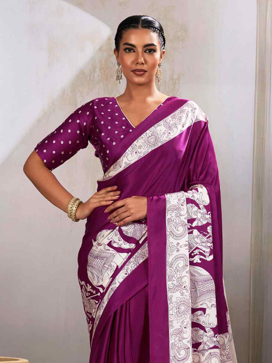 Dark Wine Satin Silk Printed Traditional Casual Reception Festival Wedding Fancy Heavy Border Saree