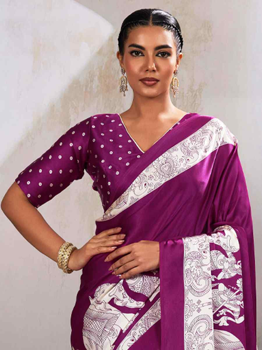 Dark Wine Satin Silk Printed Traditional Casual Reception Festival Wedding Fancy Heavy Border Saree