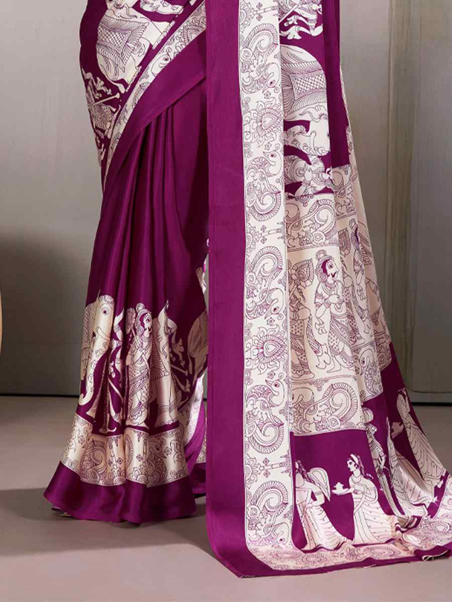 Dark Wine Satin Silk Printed Traditional Casual Reception Festival Wedding Fancy Heavy Border Saree