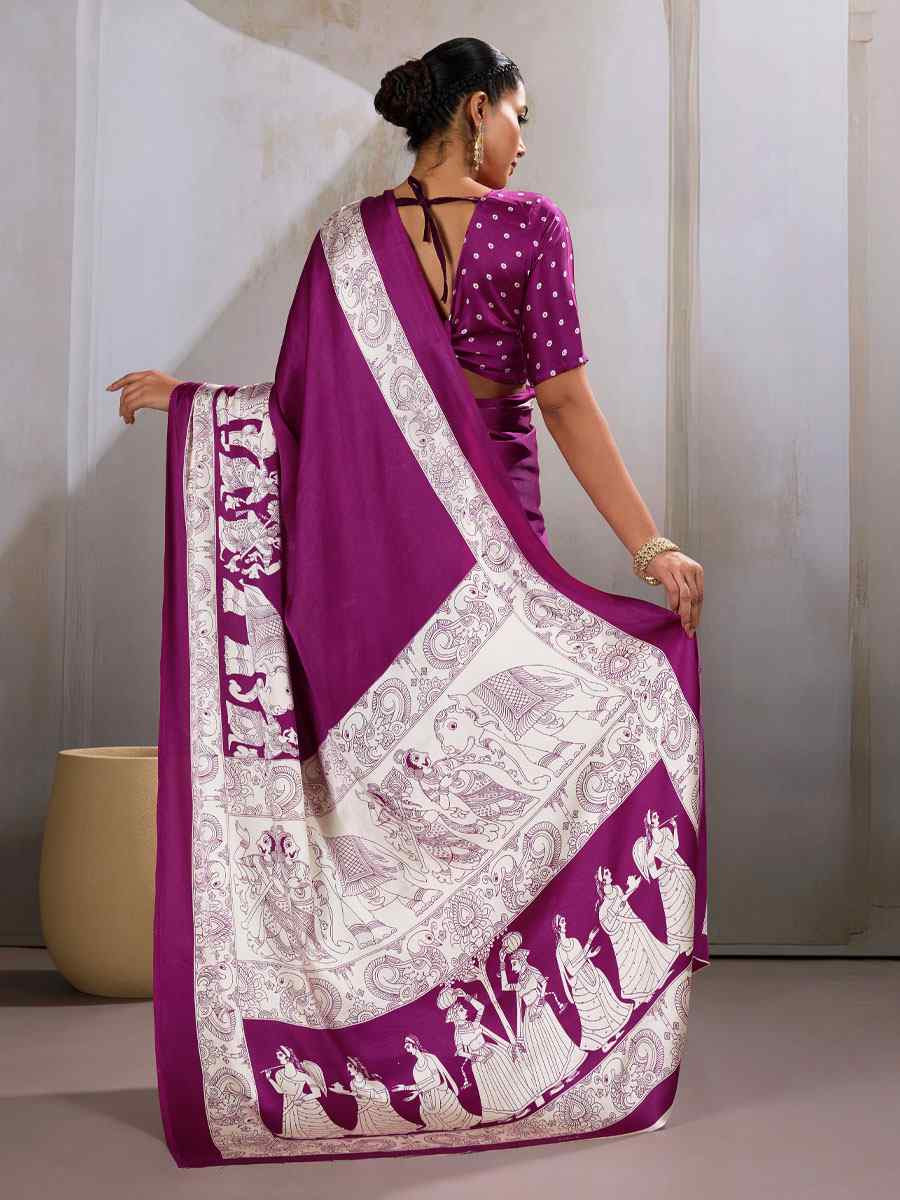 Dark Wine Satin Silk Printed Traditional Casual Reception Festival Wedding Fancy Heavy Border Saree
