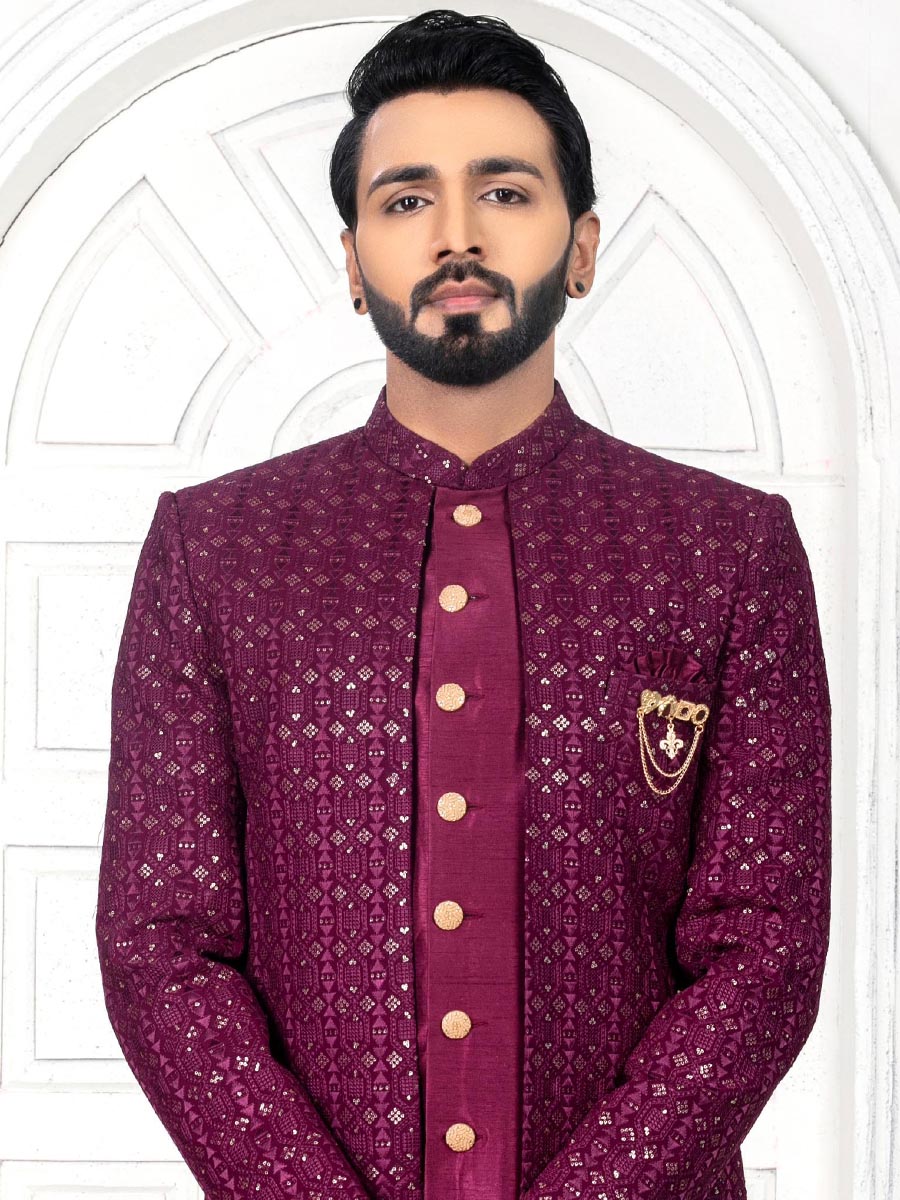 Dark Wine Silk Embroidered Wedding Groom Sherwani