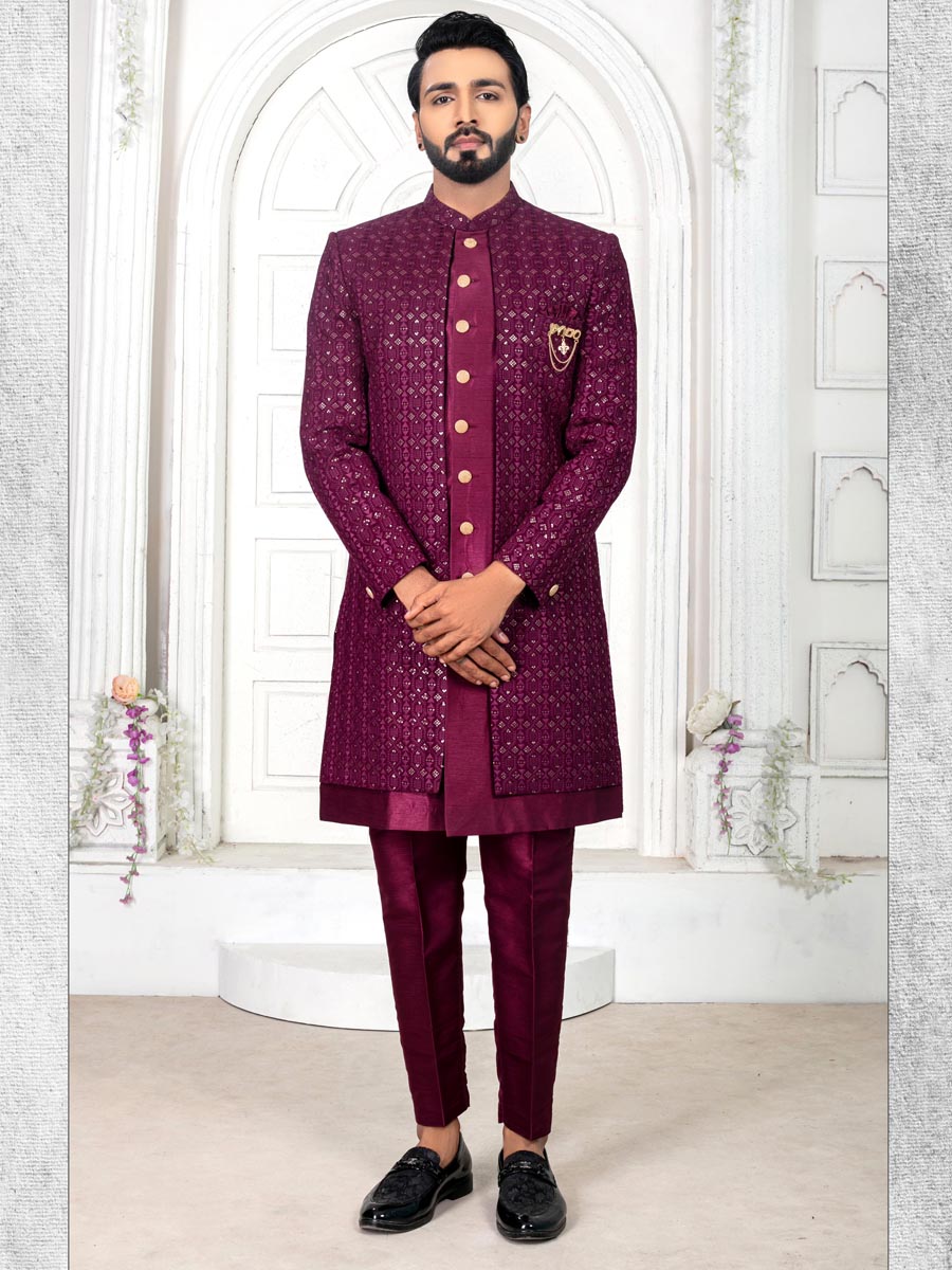 Dark Wine Silk Embroidered Wedding Groom Sherwani