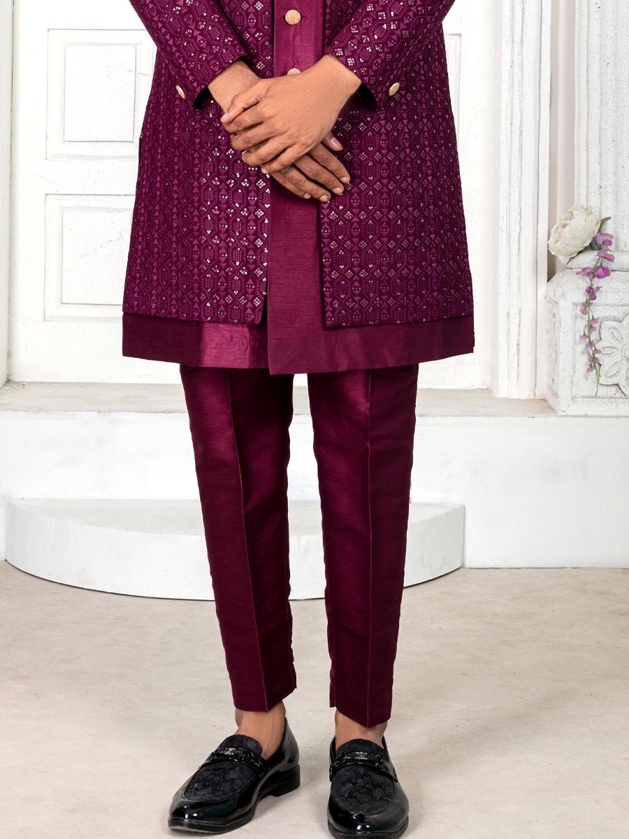 Dark Wine Silk Embroidered Wedding Groom Sherwani