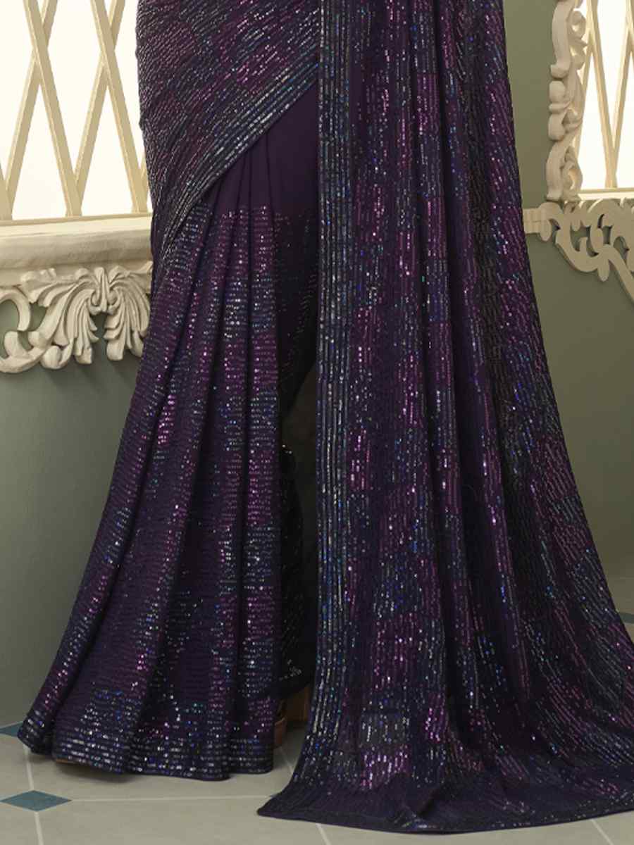 Dark Wine Smooth Gerogette Sequins Party Cocktail Classic Style Saree