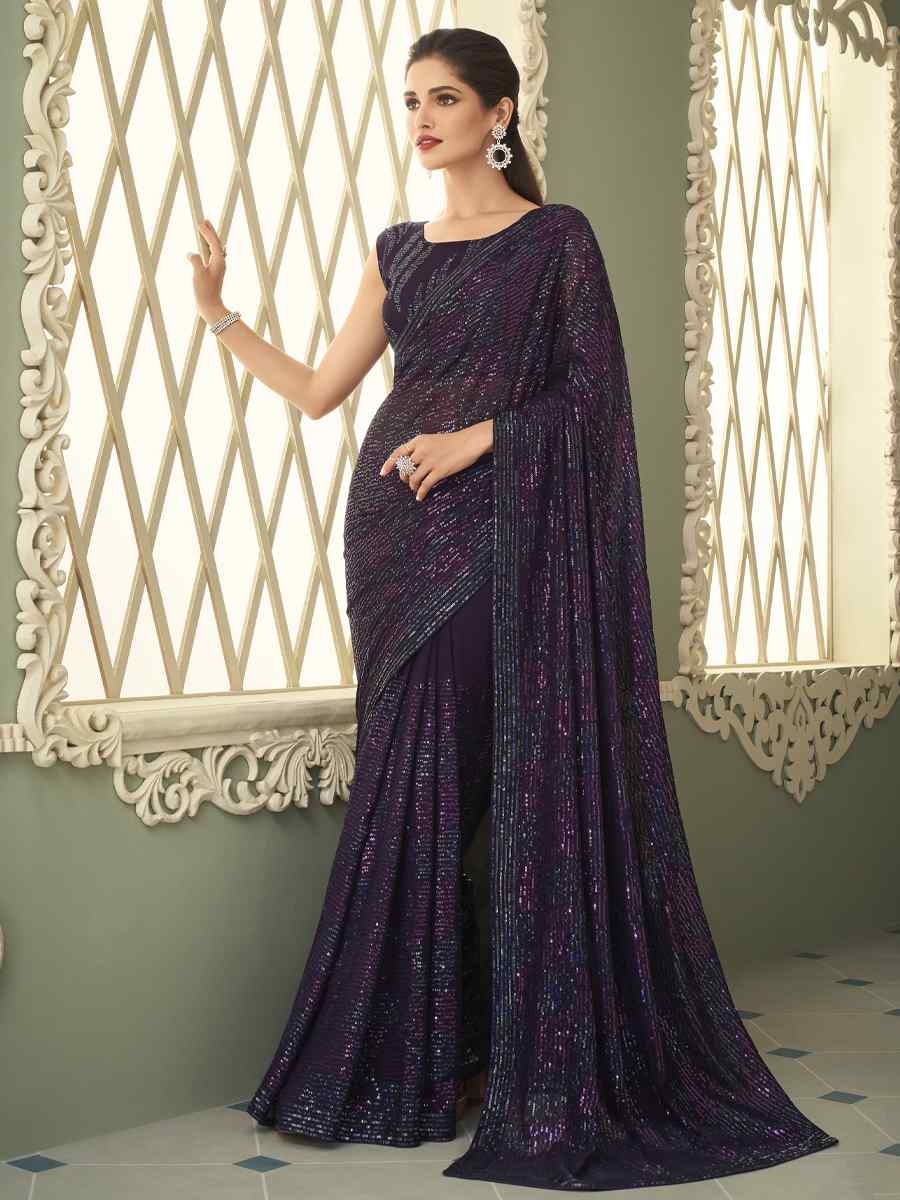 Dark Wine Smooth Gerogette Sequins Party Cocktail Classic Style Saree