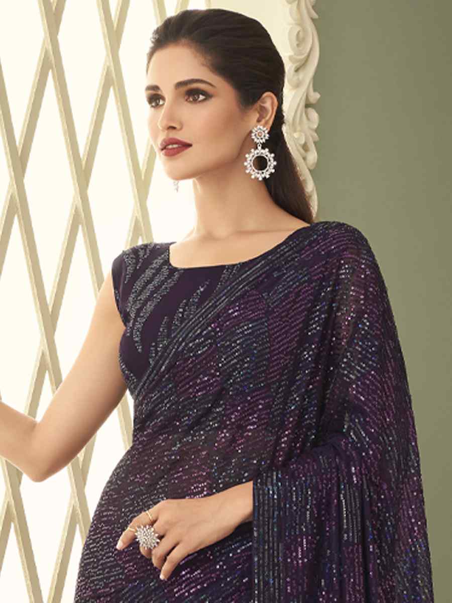 Dark Wine Smooth Gerogette Sequins Party Cocktail Classic Style Saree