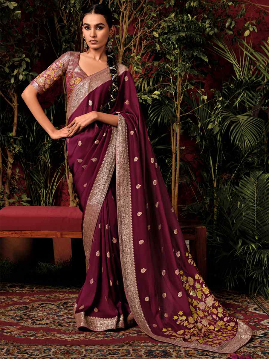 Dark Wine Viscose Dola Handwoven Wedding Festival Heavy Border Saree