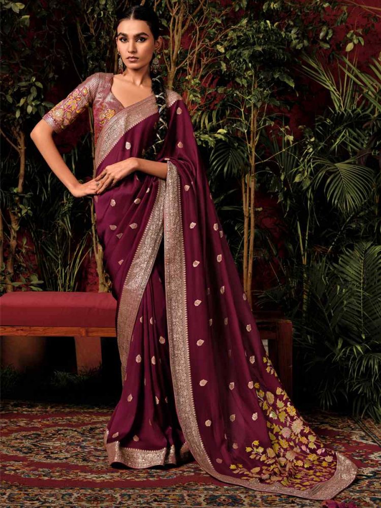 Dark Wine Viscose Dola Handwoven Wedding Festival Heavy Border Saree