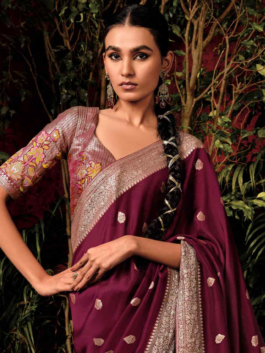 Dark Wine Viscose Dola Handwoven Wedding Festival Heavy Border Saree