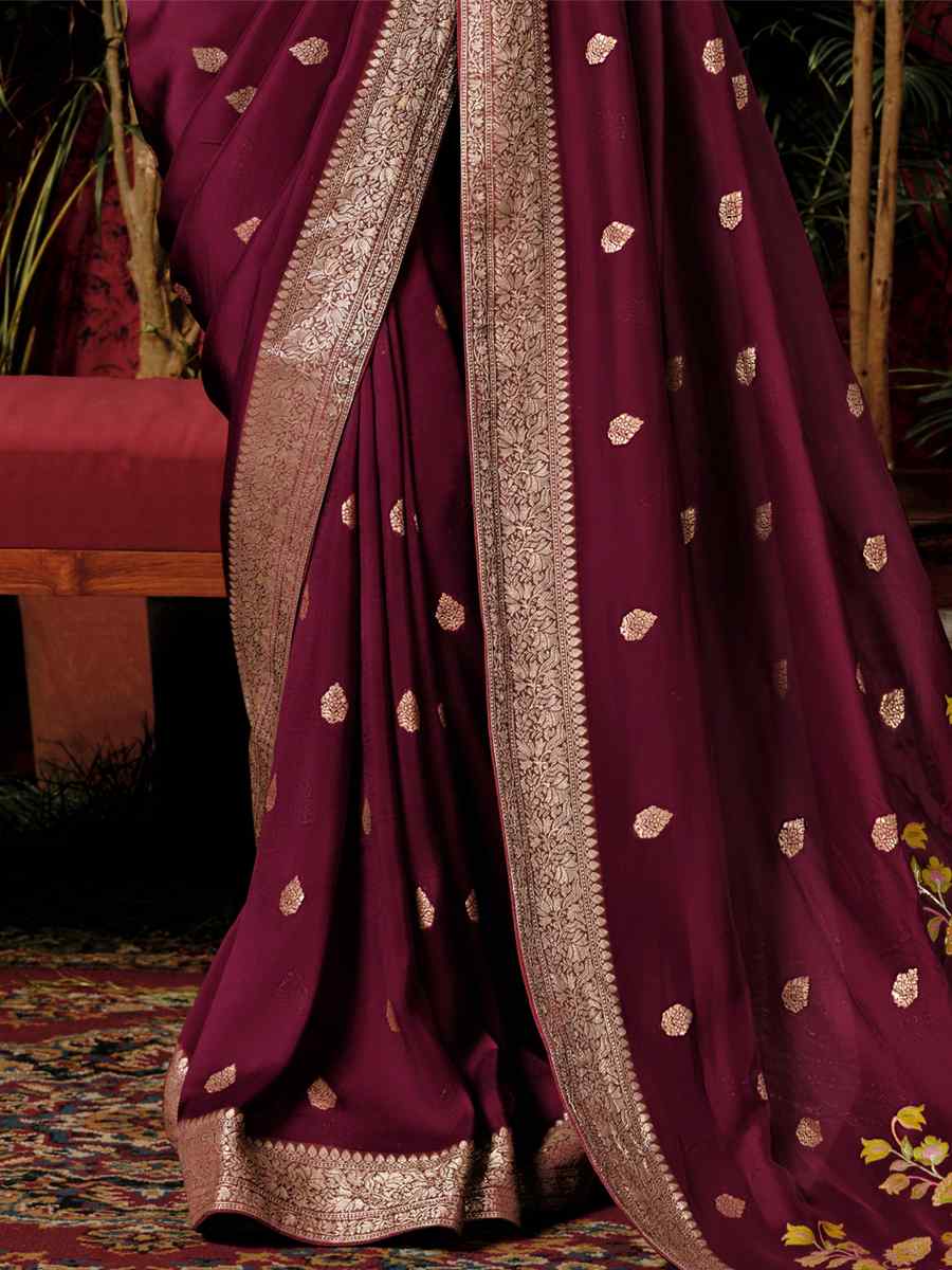 Dark Wine Viscose Dola Handwoven Wedding Festival Heavy Border Saree