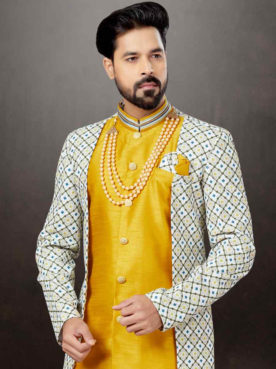 Dark Yellow Jacquard Silk Dupion Embroidered Festival Wedding Sherwani