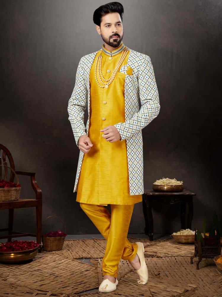 Dark Yellow Jacquard Silk Dupion Embroidered Festival Wedding Sherwani