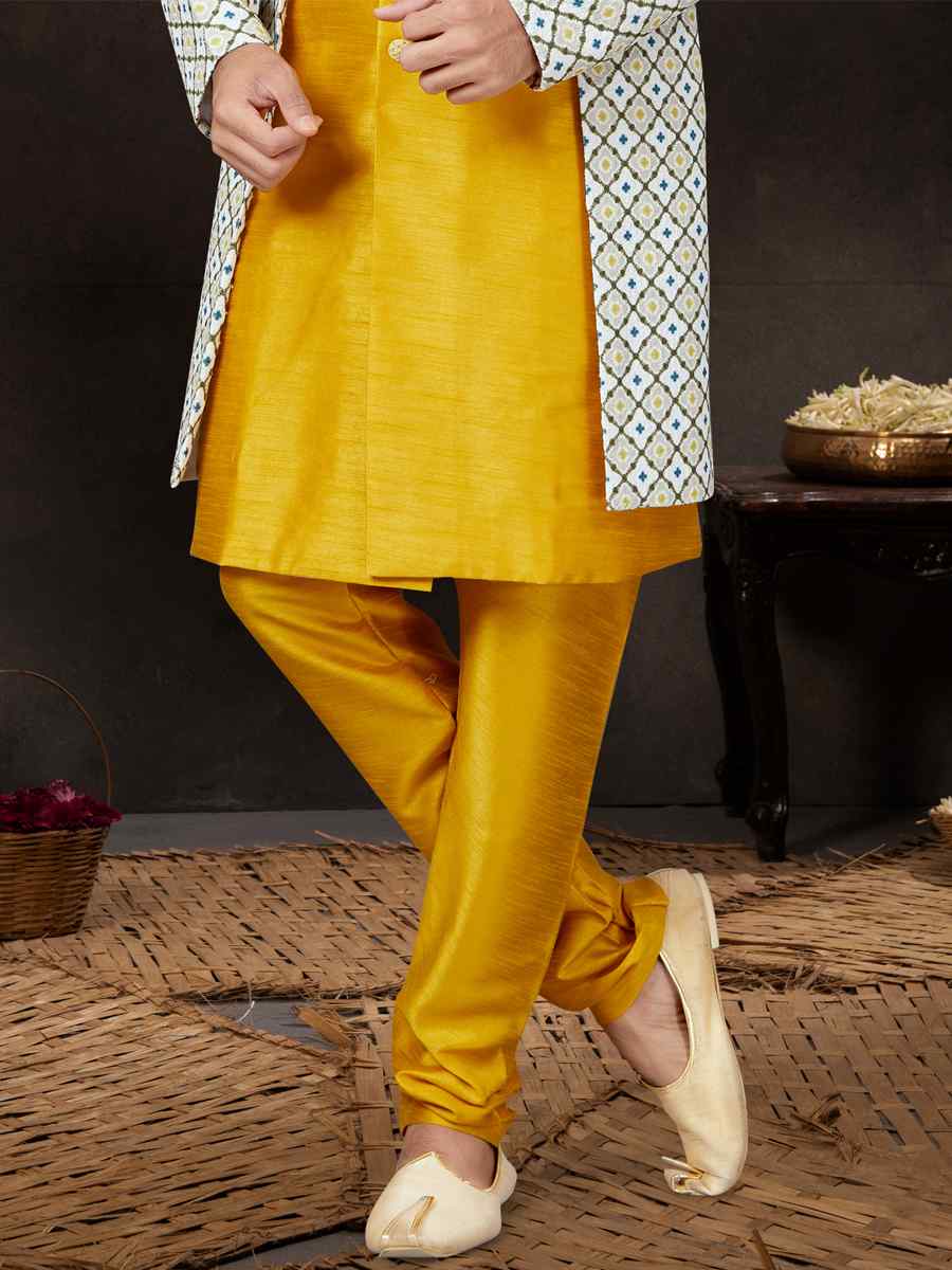 Dark Yellow Jacquard Silk Dupion Embroidered Festival Wedding Sherwani