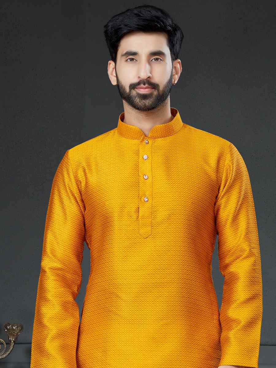 Dark Yellow Silk Woven Festival Kurta