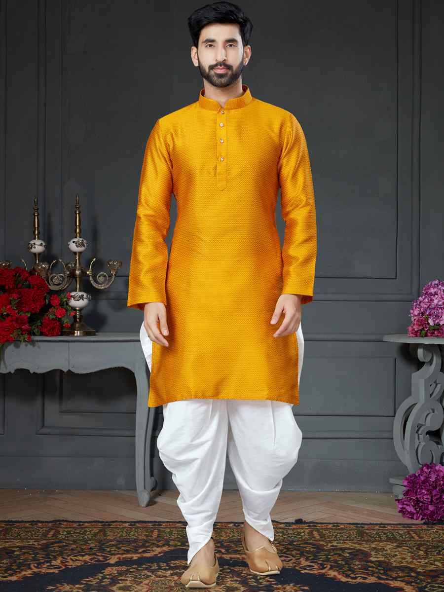 Dark Yellow Silk Woven Festival Kurta