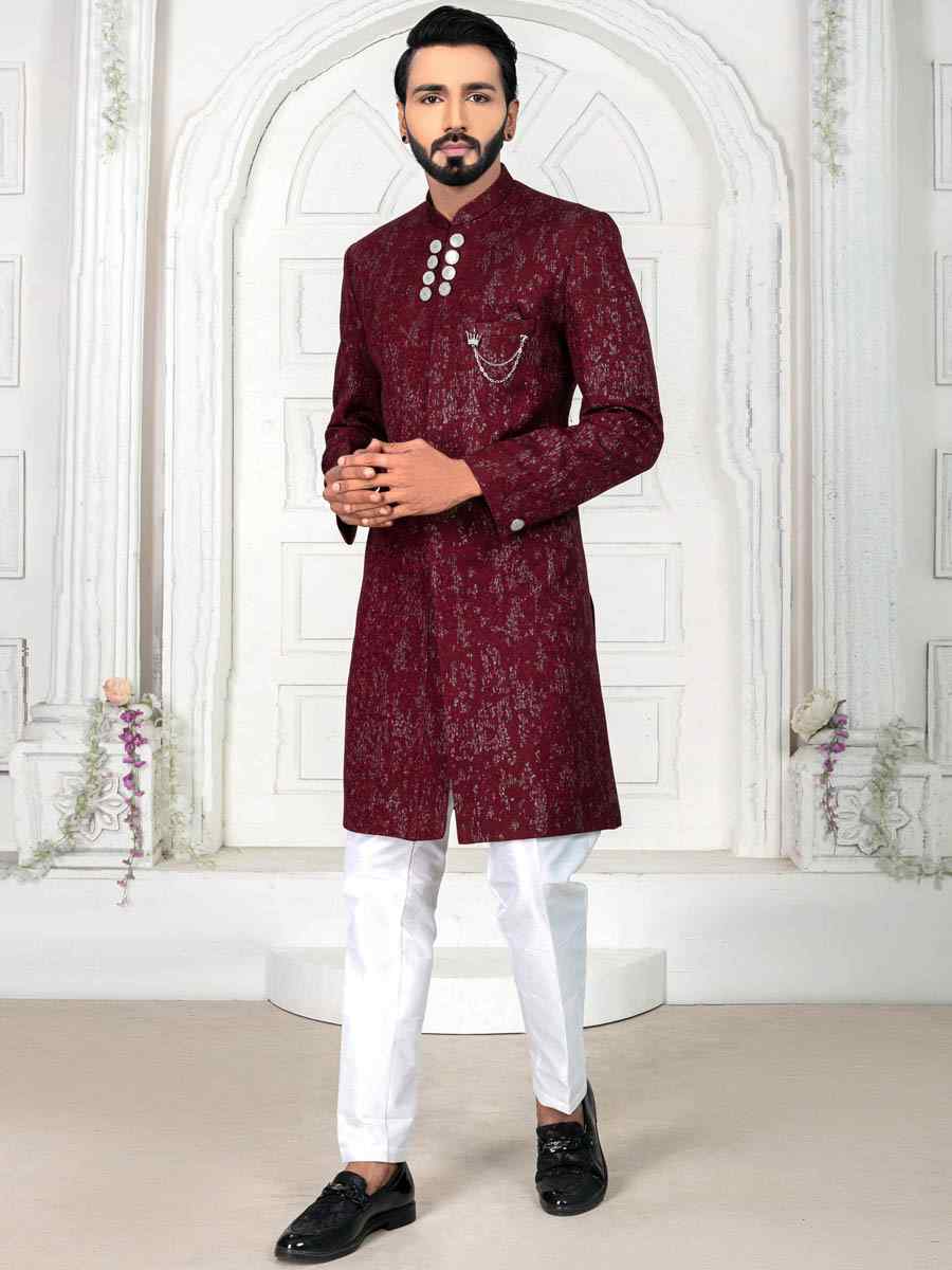 Darkish Maroon Jecquard Foil Embroidered Wedding Groom Sherwani