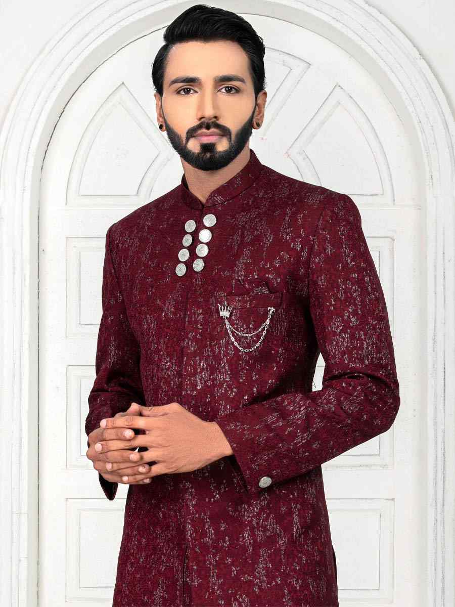 Darkish Maroon Jecquard Foil Embroidered Wedding Groom Sherwani