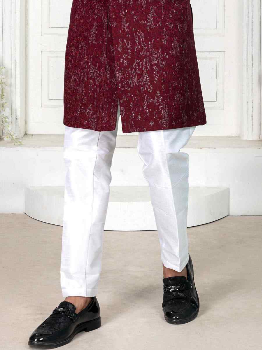 Darkish Maroon Jecquard Foil Embroidered Wedding Groom Sherwani