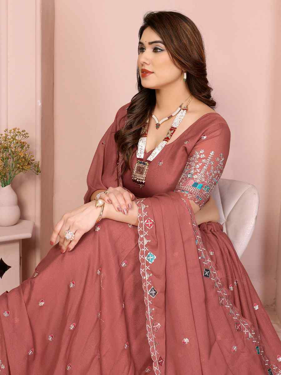 Darl Peach Star Georgette Embroidered Festival Wedding Party Reception Heavy Border Lehenga Choli