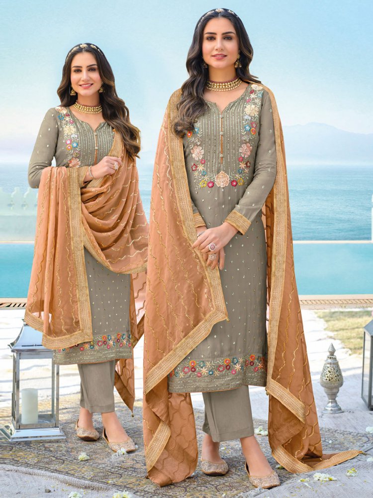 Davys Grey Chinon Georgette Embroidered Party Palazzo Pant Kameez